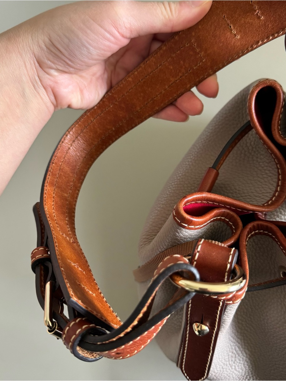 Dooney & Bourke Pebble Leather Drawstring Bucket Bag Taupe Brown - Picture 13 of 17